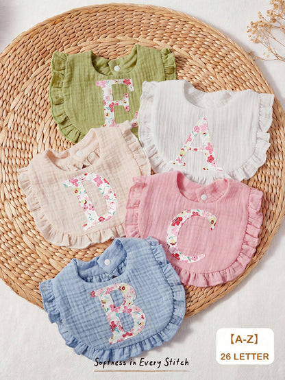 Cozy Pixies 1 Piece [A-Z] 26 Letter Embroidered Baby Bib 26 Ruffle Edge Saliva Towel, Newborn Spit Milk Bib Multi-Color Optional Baby Meal Bag