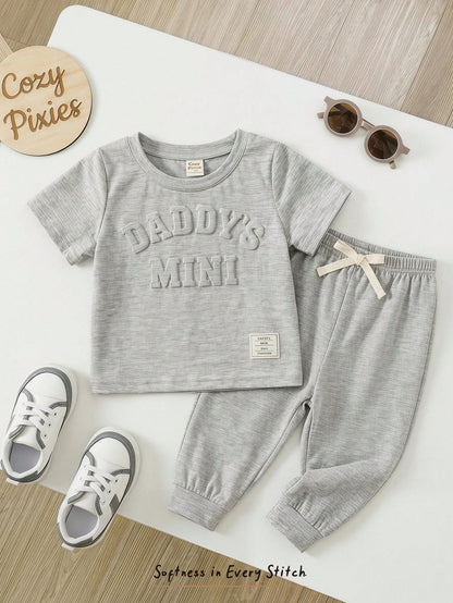 Cozy Pixies 2pcs Baby Boy Letter Pattern Knit Soft Round Neck Short Sleeve Top And Elastic Waist Pants Set