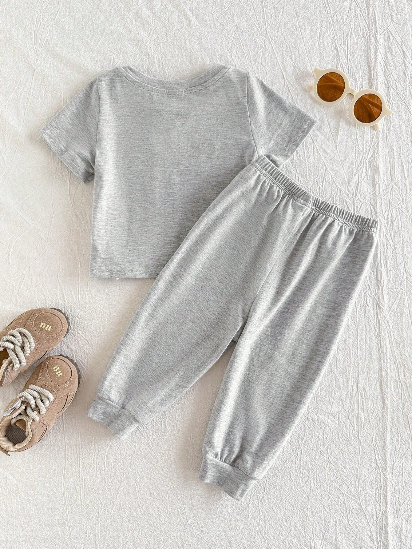Cozy Pixies 2pcs Baby Boy Letter Pattern Knit Soft Round Neck Short Sleeve Top And Elastic Waist Pants Set