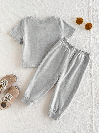 Cozy Pixies 2pcs Baby Boy Letter Pattern Knit Soft Round Neck Short Sleeve Top And Elastic Waist Pants Set