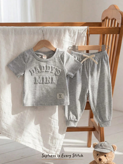 Cozy Pixies 2pcs Baby Boy Letter Pattern Knit Soft Round Neck Short Sleeve Top And Elastic Waist Pants Set