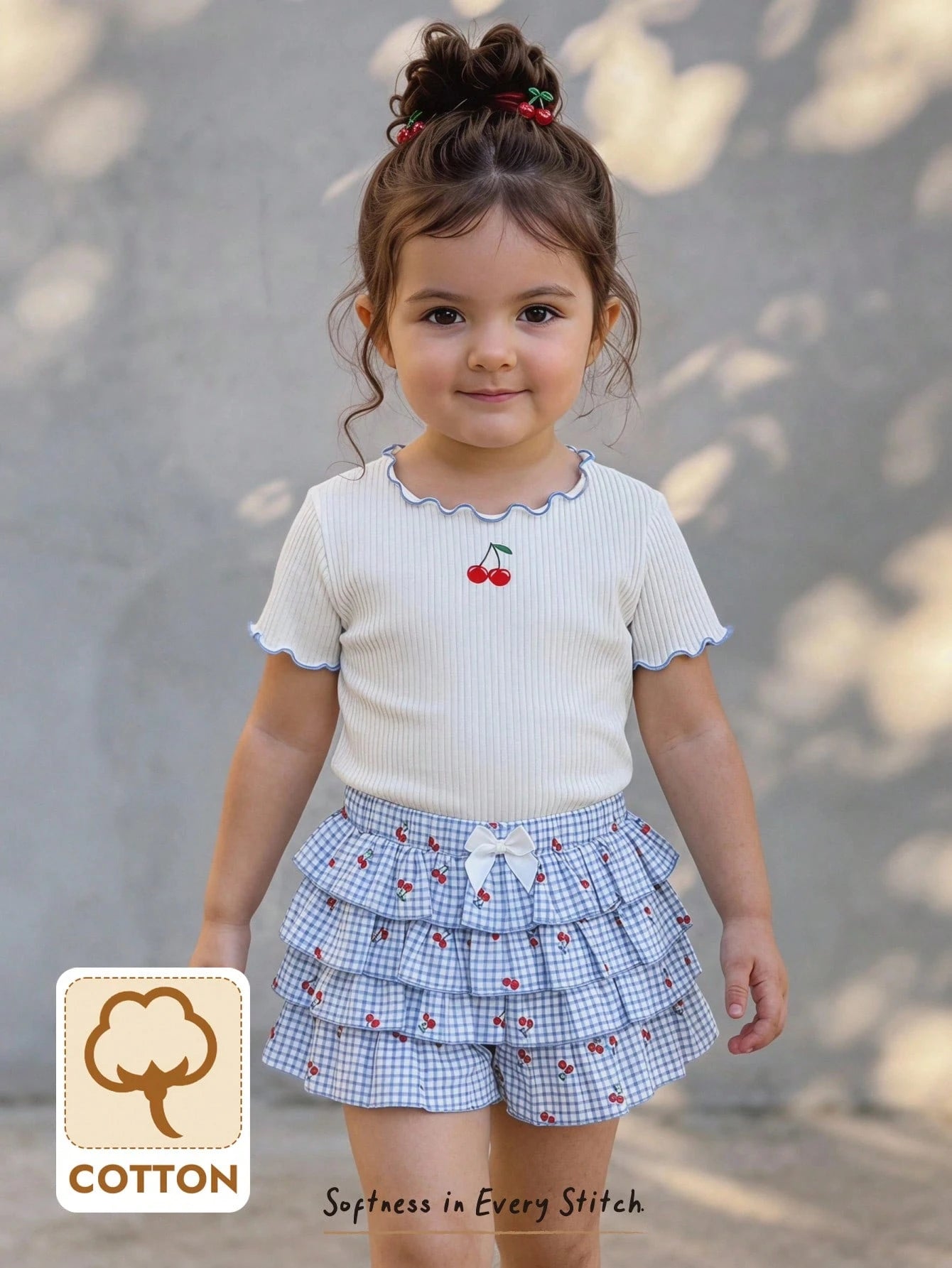 Cozy Pixies 2pcs Baby Girl Cute Cartoon Pattern Soft Knit Round Neck Short Sleeve Ruffle Top And Plaid Cherry Cake Elastic Waist Skirt Shorts Set