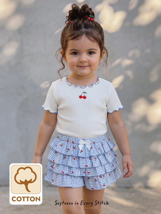 Cozy Pixies 2pcs Baby Girl Cute Cartoon Pattern Soft Knit Round Neck Short Sleeve Ruffle Top And Plaid Cherry Cake Elastic Waist Skirt Shorts Set