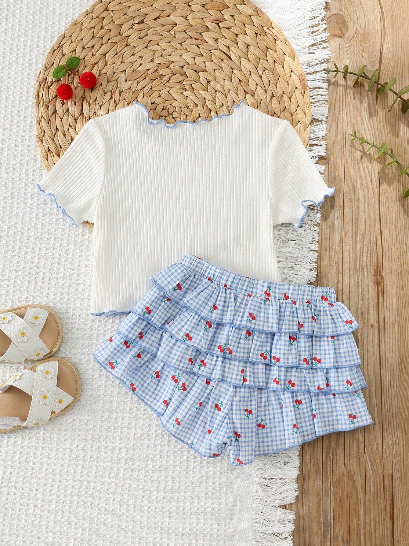 Cozy Pixies 2pcs Baby Girl Cute Cartoon Pattern Soft Knit Round Neck Short Sleeve Ruffle Top And Plaid Cherry Cake Elastic Waist Skirt Shorts Set