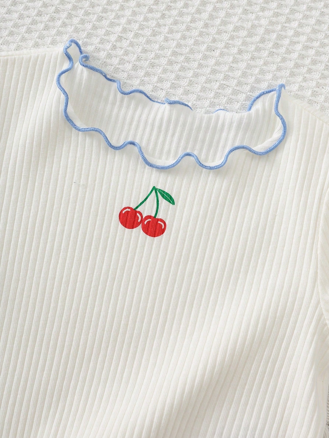 Cozy Pixies 2pcs Baby Girl Cute Cartoon Pattern Soft Knit Round Neck Short Sleeve Ruffle Top And Plaid Cherry Cake Elastic Waist Skirt Shorts Set