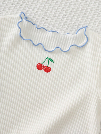 Cozy Pixies 2pcs Baby Girl Cute Cartoon Pattern Soft Knit Round Neck Short Sleeve Ruffle Top And Plaid Cherry Cake Elastic Waist Skirt Shorts Set