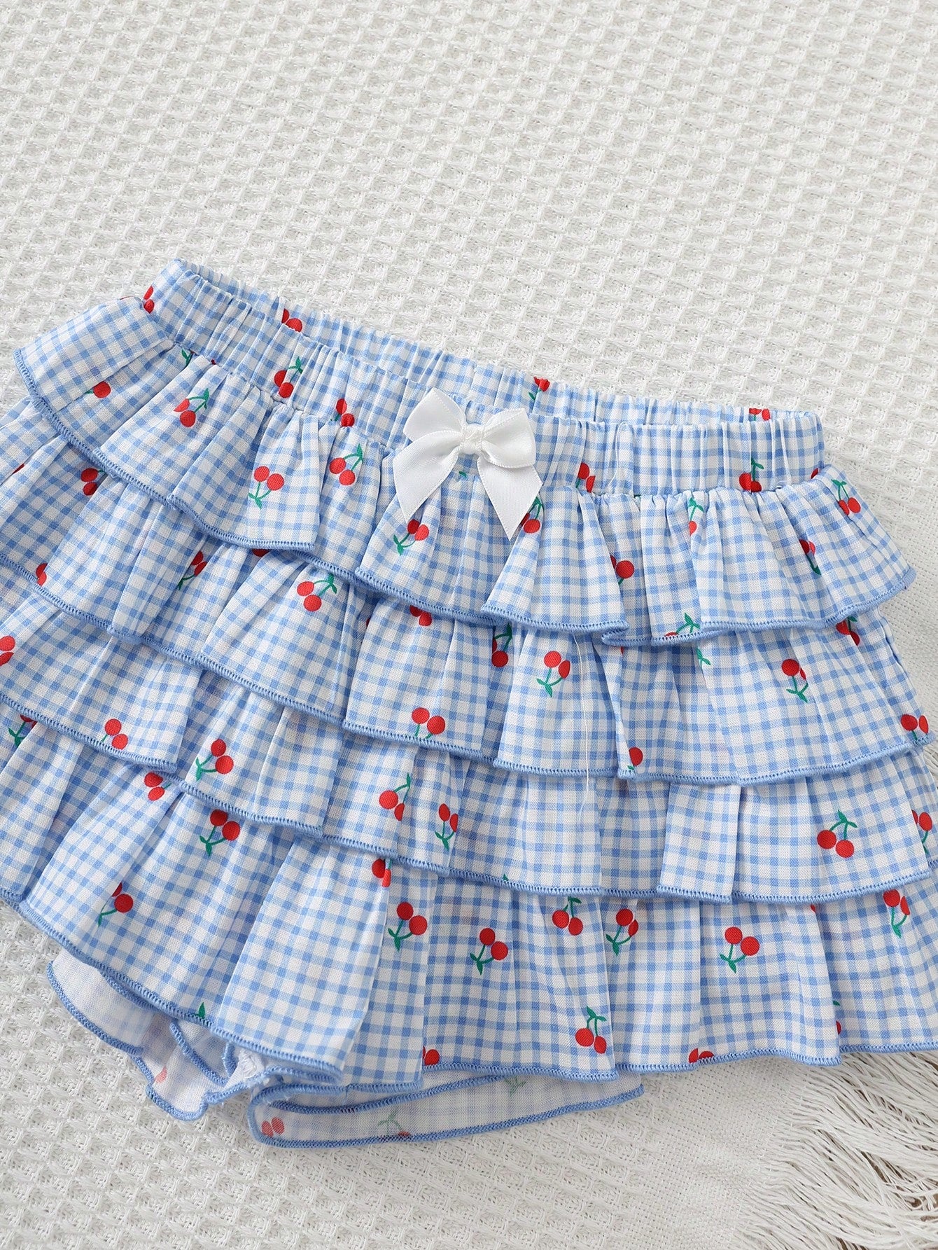 Cozy Pixies 2pcs Baby Girl Cute Cartoon Pattern Soft Knit Round Neck Short Sleeve Ruffle Top And Plaid Cherry Cake Elastic Waist Skirt Shorts Set