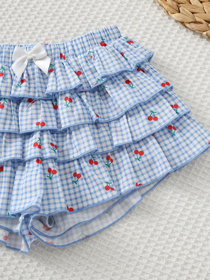 Cozy Pixies 2pcs Baby Girl Cute Cartoon Pattern Soft Knit Round Neck Short Sleeve Ruffle Top And Plaid Cherry Cake Elastic Waist Skirt Shorts Set