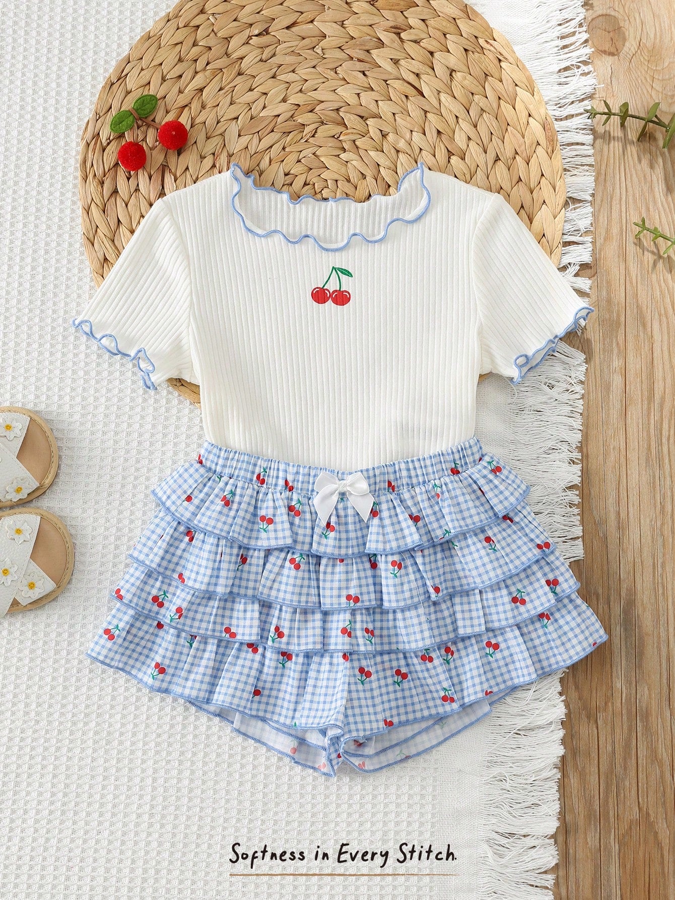 Cozy Pixies 2pcs Baby Girl Cute Cartoon Pattern Soft Knit Round Neck Short Sleeve Ruffle Top And Plaid Cherry Cake Elastic Waist Skirt Shorts Set