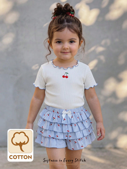 Cozy Pixies 2pcs Baby Girl Cute Cartoon Pattern Soft Knit Round Neck Short Sleeve Ruffle Top And Plaid Cherry Cake Elastic Waist Skirt Shorts Set