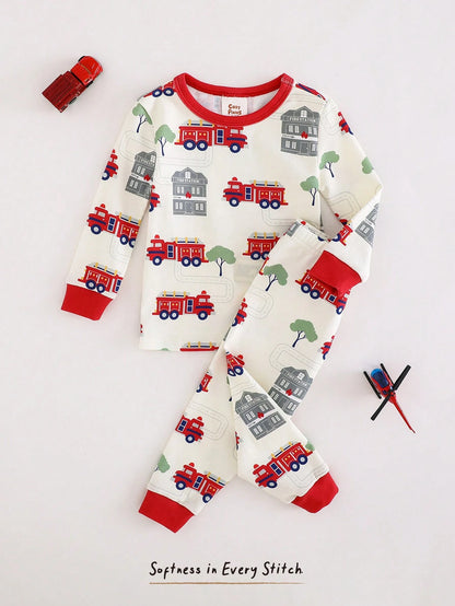 Cozy Pixies Baby Boy Cartoon Cars Print Colorblock Knit Soft Crew Neck Long Sleeve Top & Elastic Waist Long Pants Snug Fit 2 Pieces Pajamas