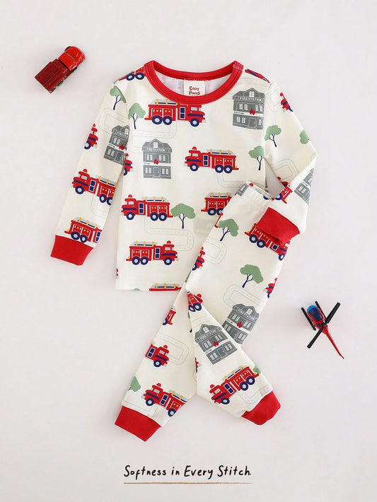 Cozy Pixies Baby Boy Cartoon Cars Print Colorblock Knit Soft Crew Neck Long Sleeve Top & Elastic Waist Long Pants Snug Fit 2 Pieces Pajamas