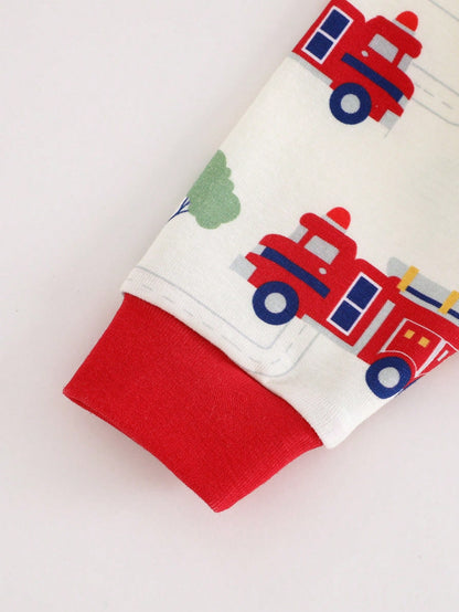 Cozy Pixies Baby Boy Cartoon Cars Print Colorblock Knit Soft Crew Neck Long Sleeve Top & Elastic Waist Long Pants Snug Fit 2 Pieces Pajamas