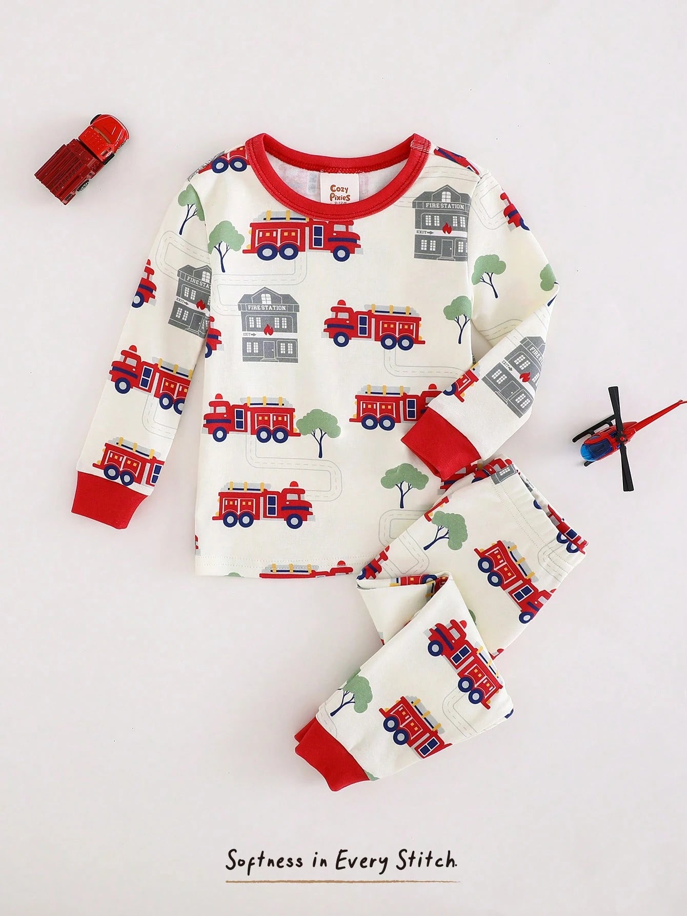 Cozy Pixies Baby Boy Cartoon Cars Print Colorblock Knit Soft Crew Neck Long Sleeve Top & Elastic Waist Long Pants Snug Fit 2 Pieces Pajamas