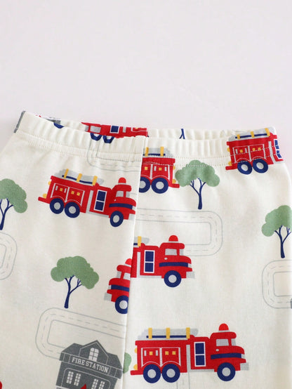 Cozy Pixies Baby Boy Cartoon Cars Print Colorblock Knit Soft Crew Neck Long Sleeve Top & Elastic Waist Long Pants Snug Fit 2 Pieces Pajamas