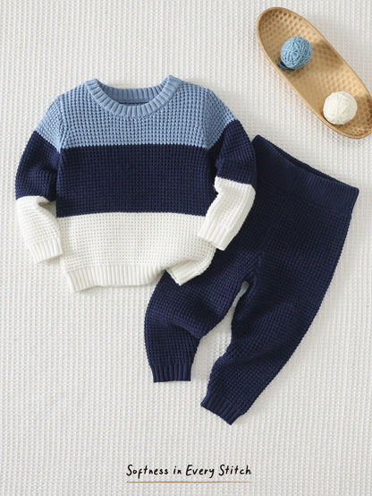Cozy Pixies Baby Boy Color Knit Soft Crew Neck Long Sleeve Pullover Sweater And Elastic Waist Long Autumn Winter Pants 2 Pieces Set, Versatile And Comfortable
