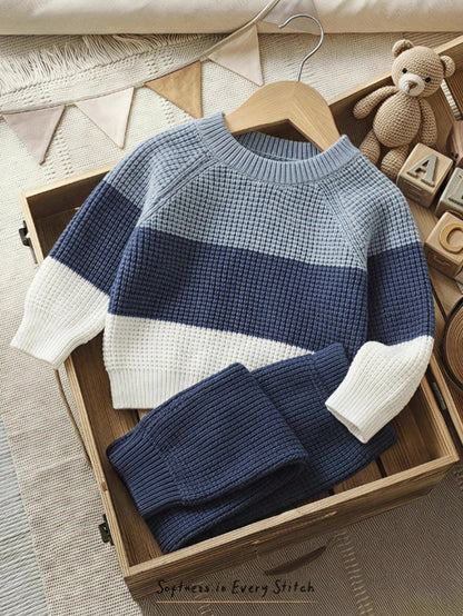 Cozy Pixies Baby Boy Color Knit Soft Crew Neck Long Sleeve Pullover Sweater And Elastic Waist Long Autumn Winter Pants 2 Pieces Set, Versatile And Comfortable