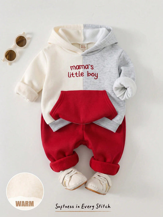 Cozy Pixies Baby Boy Letter Pattern Colorblock Hooded Long Sleeve Pullover Sweatshirt And Elastic Waist Long Autumn Winter Pants 2-Piece Set