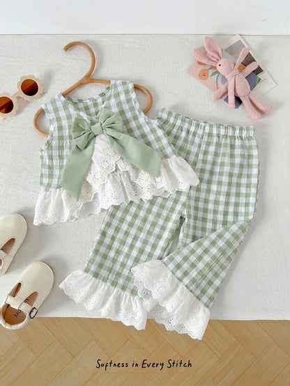 Cozy Pixies Baby Girl Colorblock Floral Trim Sleeveless Cardigan Top And Elastic Waist Pants 2 Pieces Set Green Summer Cute