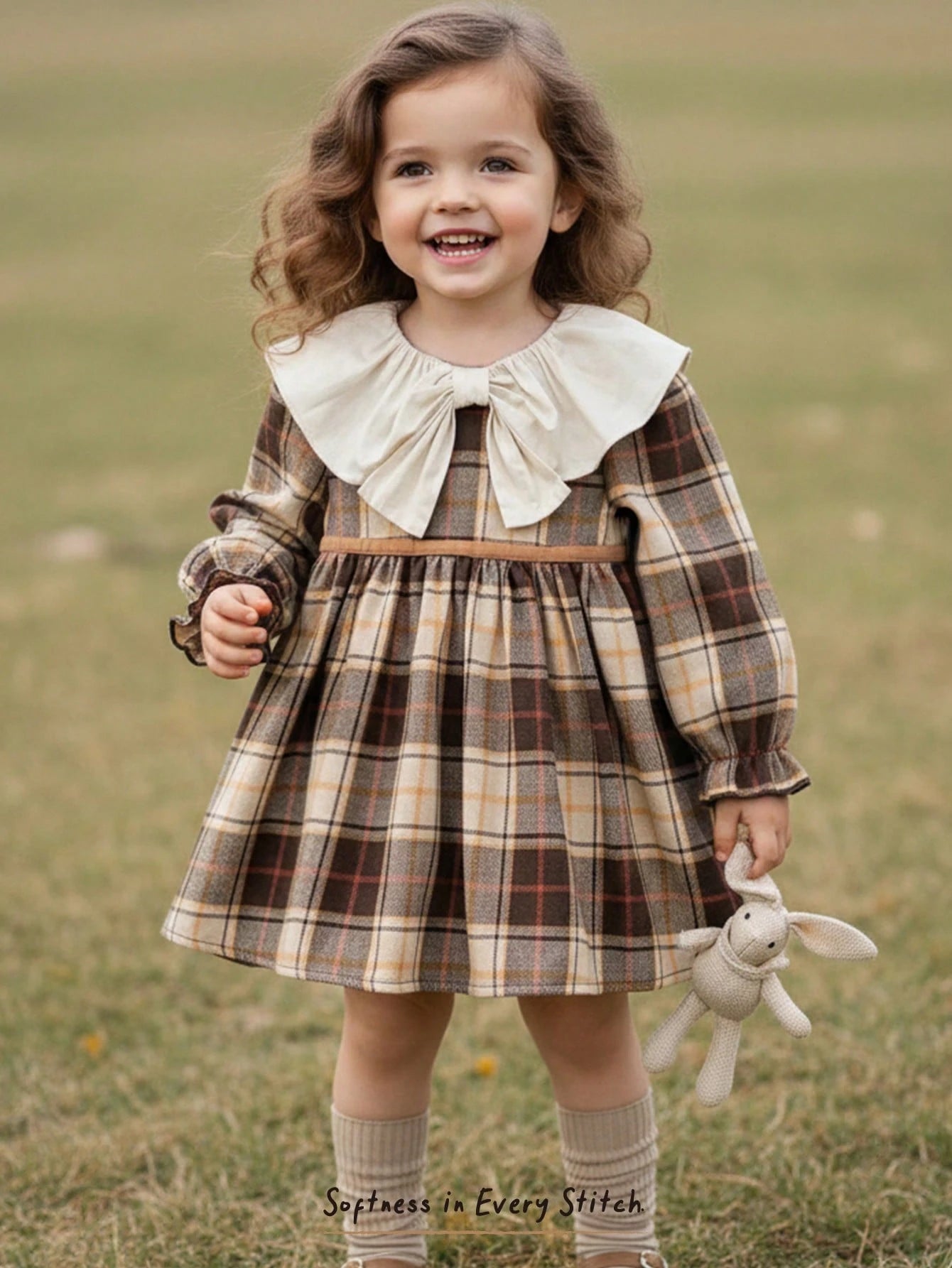 Cozy Pixies Baby Girl Colorful Plaid Contrast Round Neck Long Sleeve Waist Cinched Dress, Versatile & Comfortable Baby Vintage Dress Brown Toddler Dresses