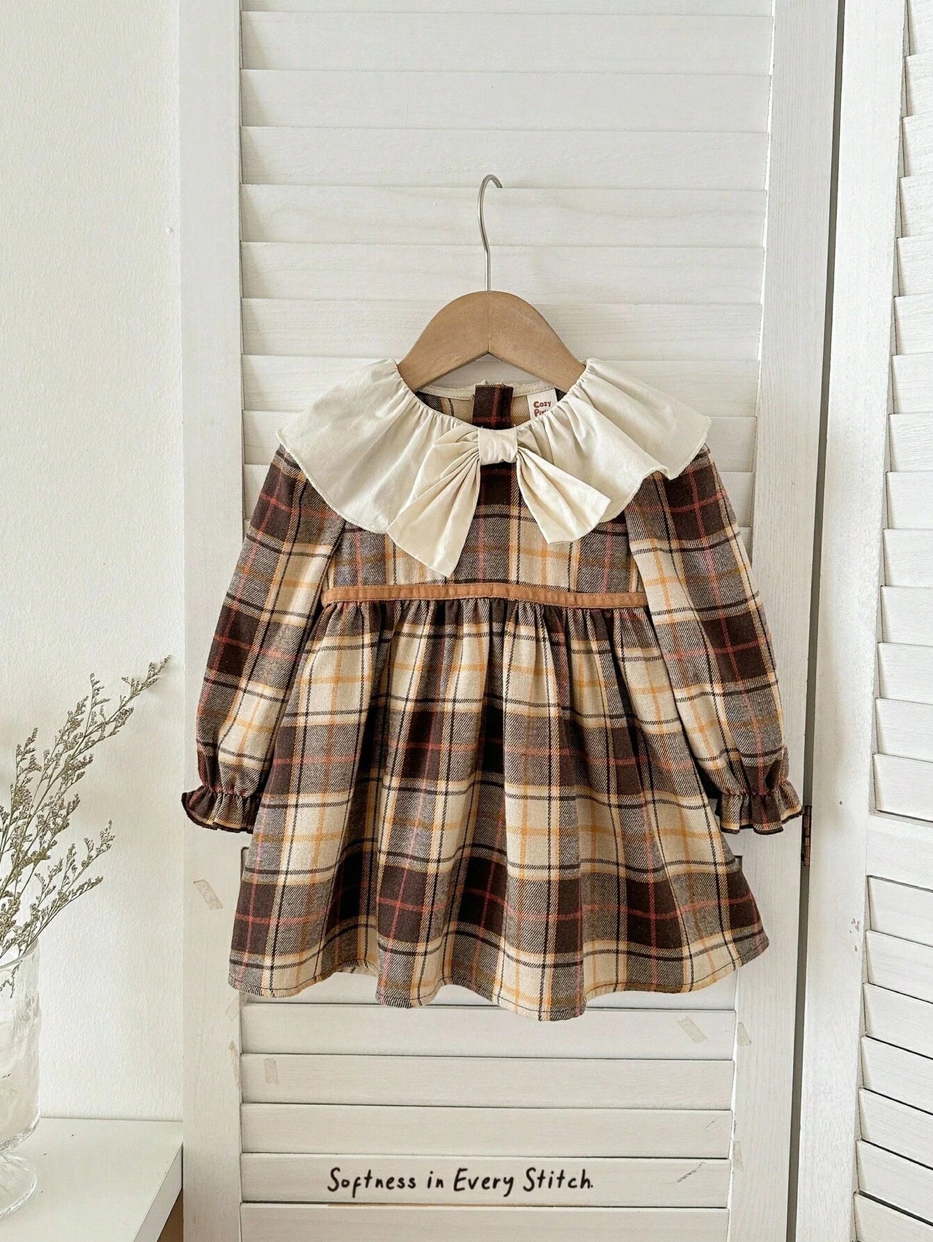 Cozy Pixies Baby Girl Colorful Plaid Contrast Round Neck Long Sleeve Waist Cinched Dress, Versatile & Comfortable Baby Vintage Dress Brown Toddler Dresses