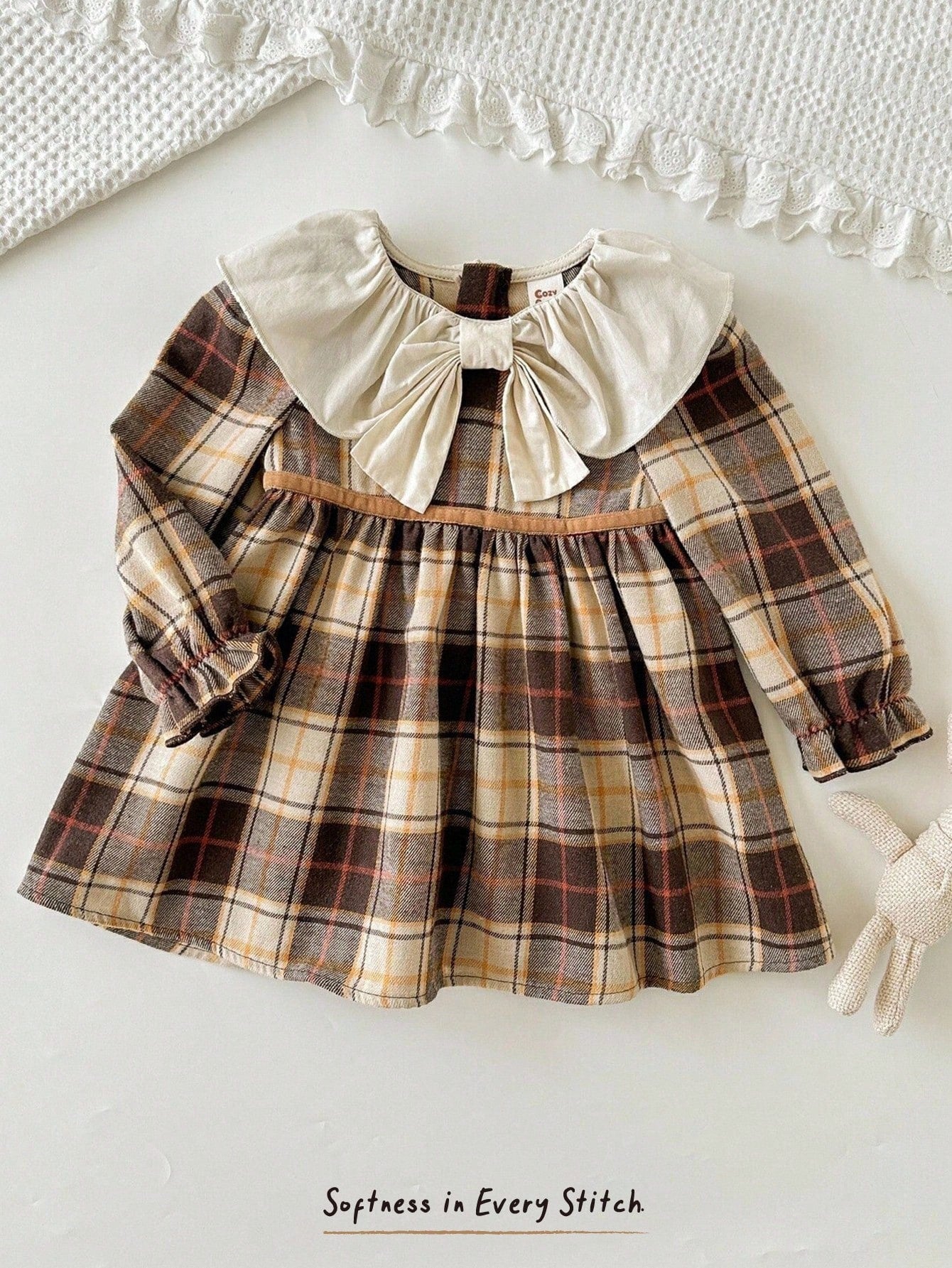 Cozy Pixies Baby Girl Colorful Plaid Contrast Round Neck Long Sleeve Waist Cinched Dress, Versatile & Comfortable Baby Vintage Dress Brown Toddler Dresses