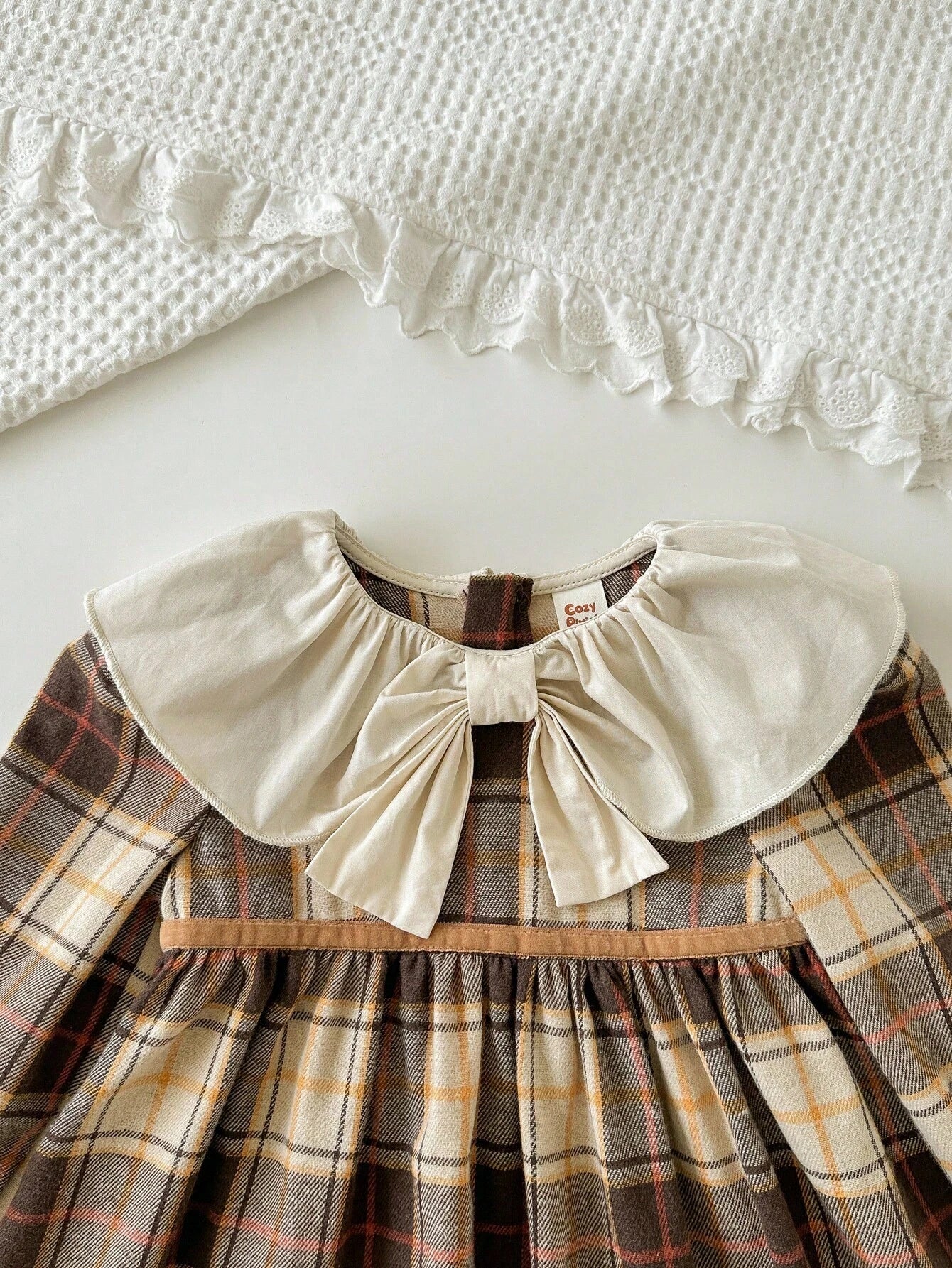 Cozy Pixies Baby Girl Colorful Plaid Contrast Round Neck Long Sleeve Waist Cinched Dress, Versatile & Comfortable Baby Vintage Dress Brown Toddler Dresses