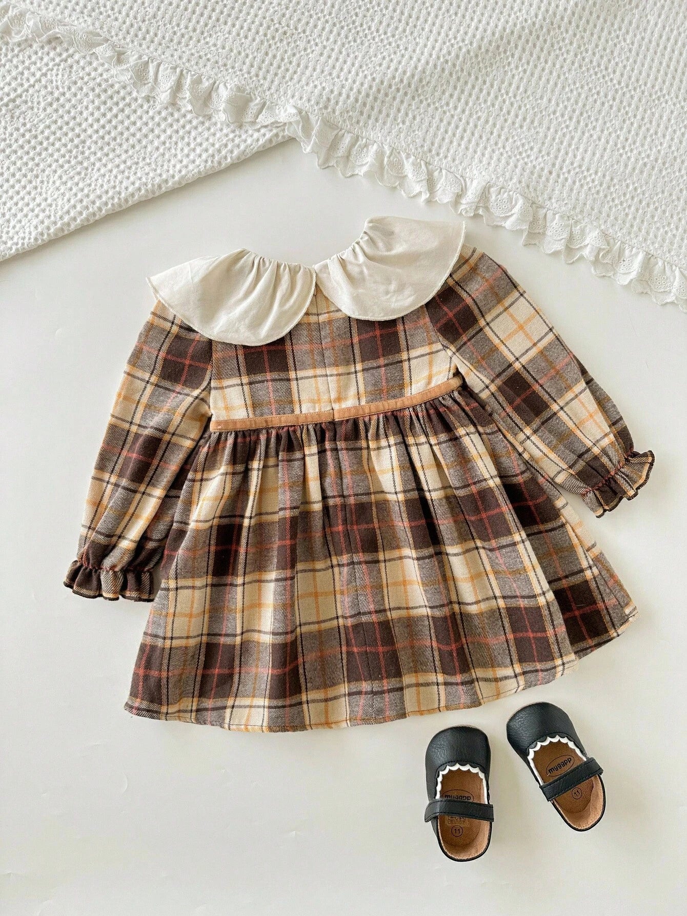 Cozy Pixies Baby Girl Colorful Plaid Contrast Round Neck Long Sleeve Waist Cinched Dress, Versatile & Comfortable Baby Vintage Dress Brown Toddler Dresses