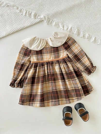 Cozy Pixies Baby Girl Colorful Plaid Contrast Round Neck Long Sleeve Waist Cinched Dress, Versatile & Comfortable Baby Vintage Dress Brown Toddler Dresses