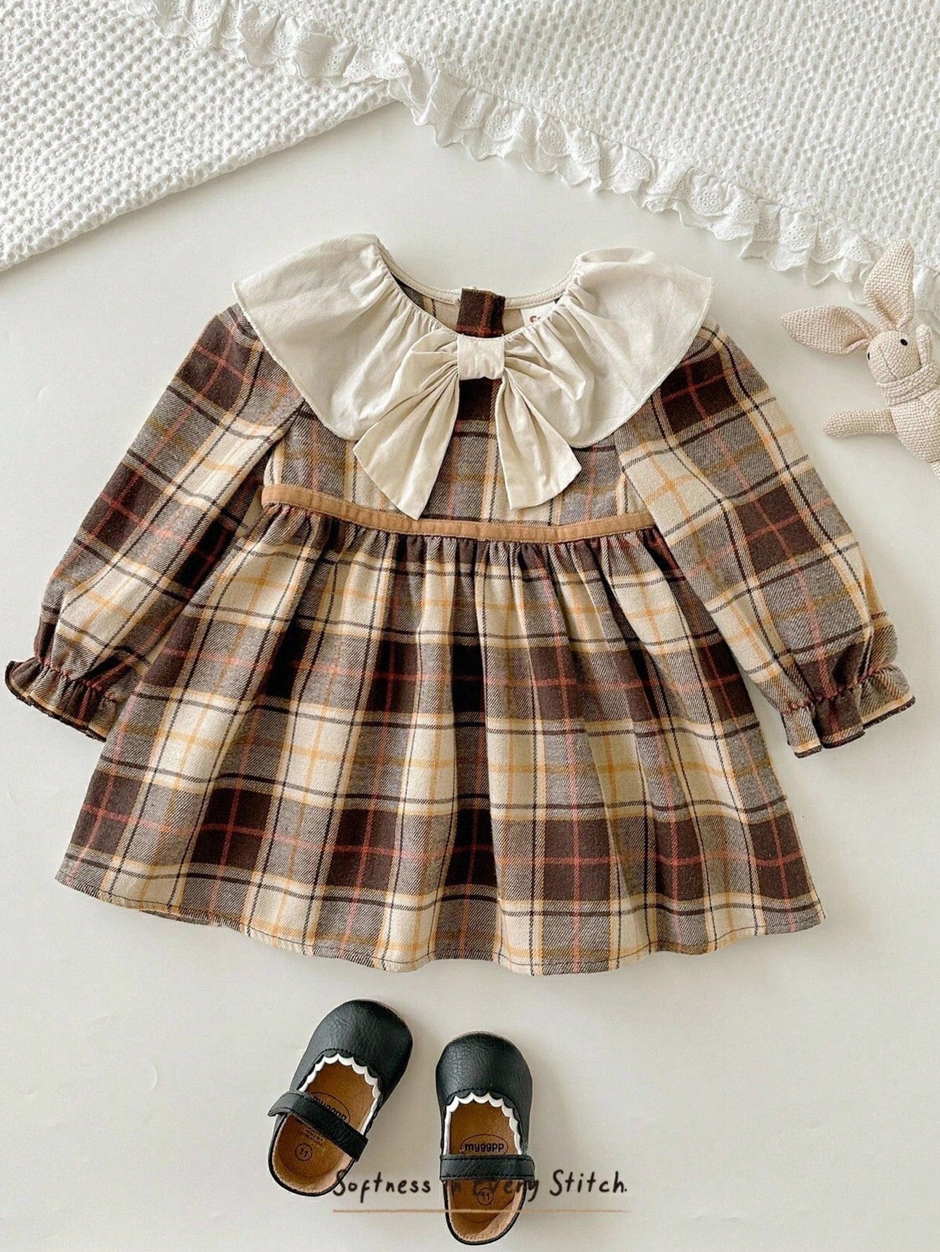 Cozy Pixies Baby Girl Colorful Plaid Contrast Round Neck Long Sleeve Waist Cinched Dress, Versatile & Comfortable Baby Vintage Dress Brown Toddler Dresses
