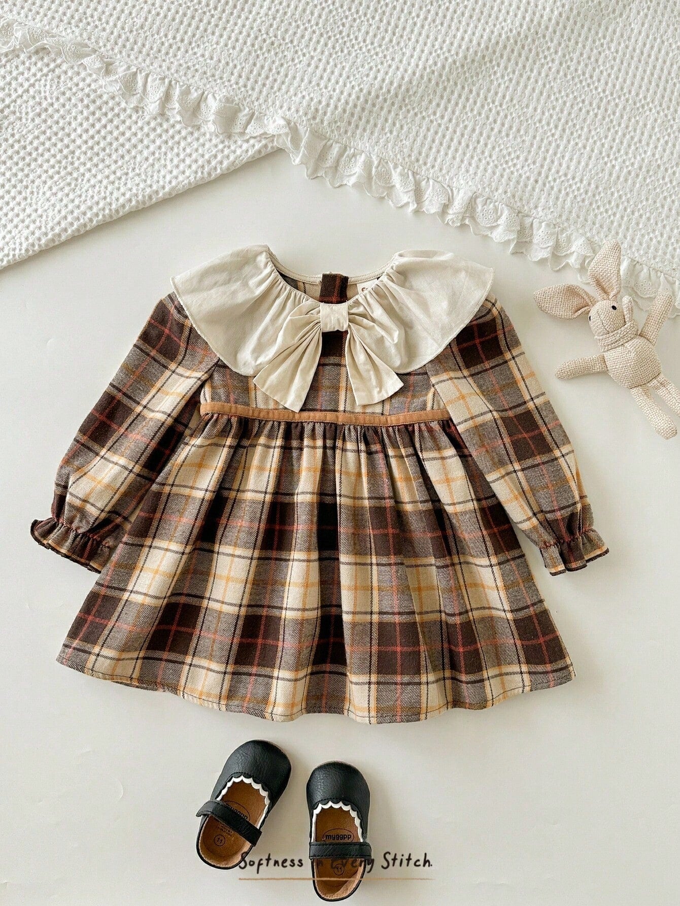 Cozy Pixies Baby Girl Colorful Plaid Contrast Round Neck Long Sleeve Waist Cinched Dress, Versatile & Comfortable Baby Vintage Dress Brown Toddler Dresses