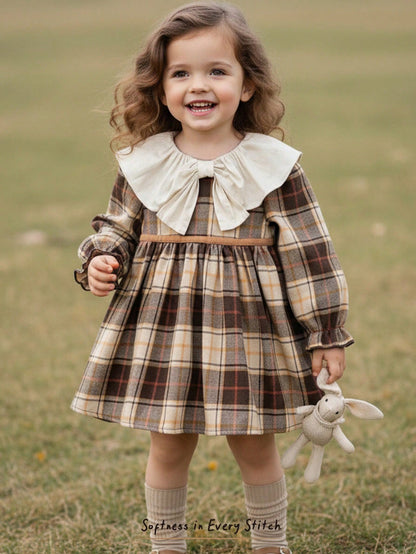 Cozy Pixies Baby Girl Colorful Plaid Contrast Round Neck Long Sleeve Waist Cinched Dress, Versatile & Comfortable Baby Vintage Dress Brown Toddler Dresses
