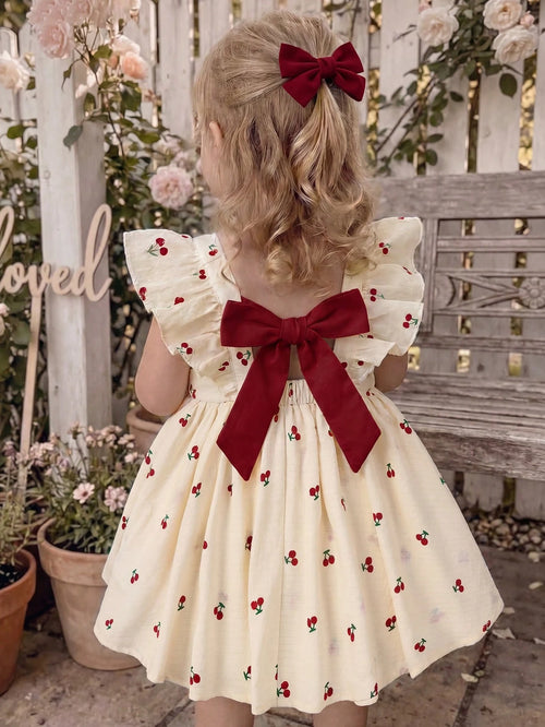Cozy Pixies Baby Girl Red And White Checkered Summer Cute Flower Girl Floral Pattern, Contrast Color Big Bow Round Neck Cap Sleeve Cinched Waist Casual Dress, Resort