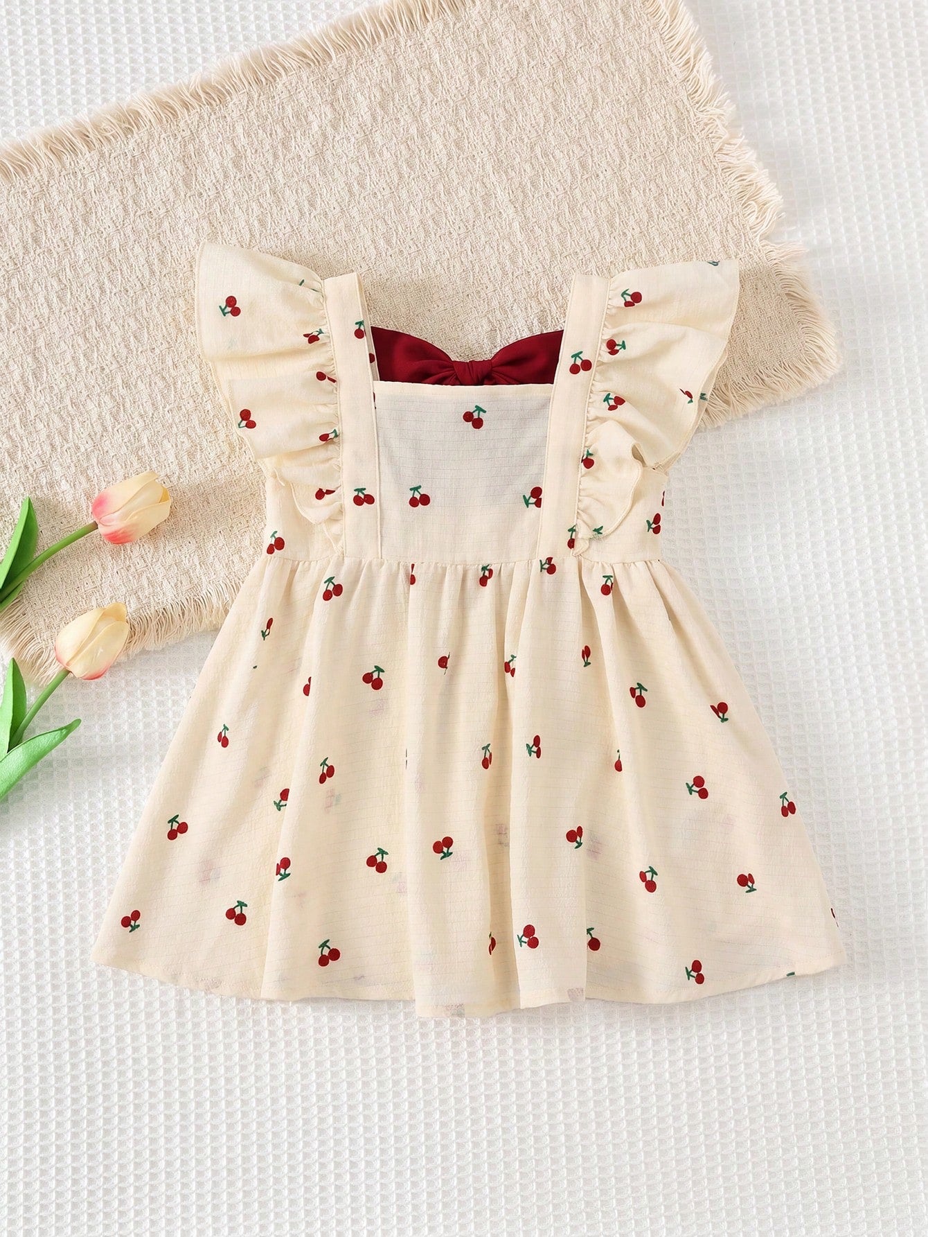 Cozy Pixies Baby Girl Red And White Checkered Summer Cute Flower Girl Floral Pattern, Contrast Color Big Bow Round Neck Cap Sleeve Cinched Waist Casual Dress, Resort
