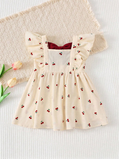 Cozy Pixies Baby Girl Red And White Checkered Summer Cute Flower Girl Floral Pattern, Contrast Color Big Bow Round Neck Cap Sleeve Cinched Waist Casual Dress, Resort