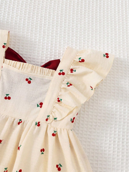 Cozy Pixies Baby Girl Red And White Checkered Summer Cute Flower Girl Floral Pattern, Contrast Color Big Bow Round Neck Cap Sleeve Cinched Waist Casual Dress, Resort