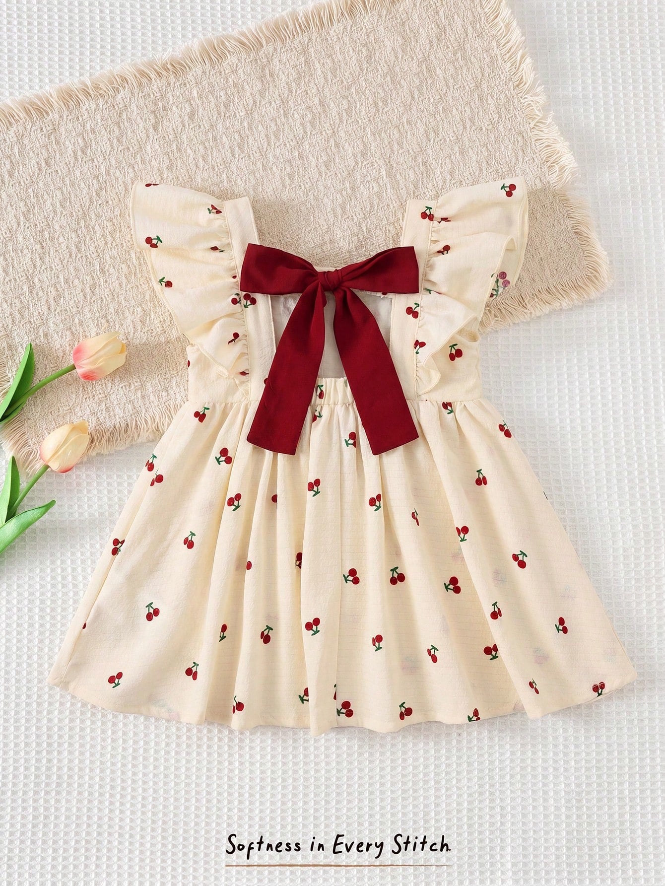 Cozy Pixies Baby Girl Red And White Checkered Summer Cute Flower Girl Floral Pattern, Contrast Color Big Bow Round Neck Cap Sleeve Cinched Waist Casual Dress, Resort