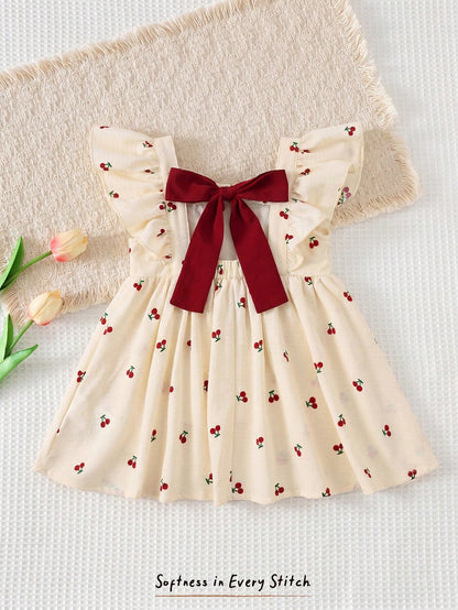 Cozy Pixies Baby Girl Red And White Checkered Summer Cute Flower Girl Floral Pattern, Contrast Color Big Bow Round Neck Cap Sleeve Cinched Waist Casual Dress, Resort