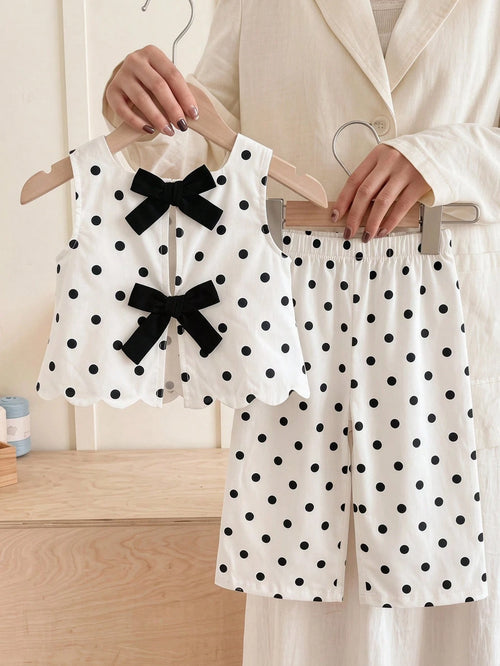 Cozy Pixies Baby Girl Summer Polka Dot Print Bow Decor Tank Top And Pants Set
