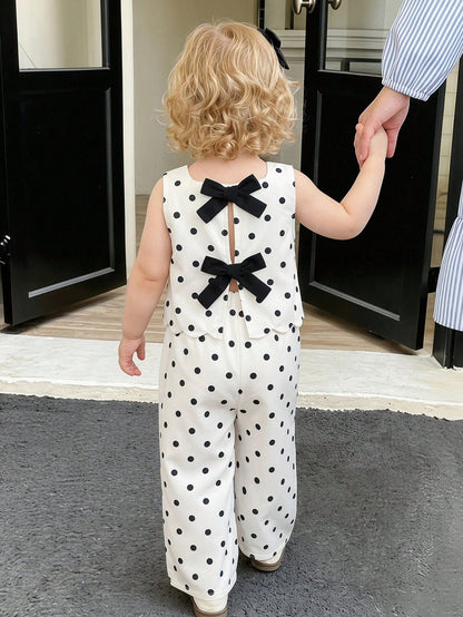 Cozy Pixies Baby Girl Summer Polka Dot Print Bow Decor Tank Top And Pants Set