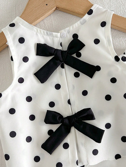 Cozy Pixies Baby Girl Summer Polka Dot Print Bow Decor Tank Top And Pants Set
