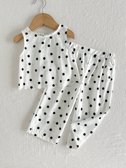 Cozy Pixies Baby Girl Summer Polka Dot Print Bow Decor Tank Top And Pants Set