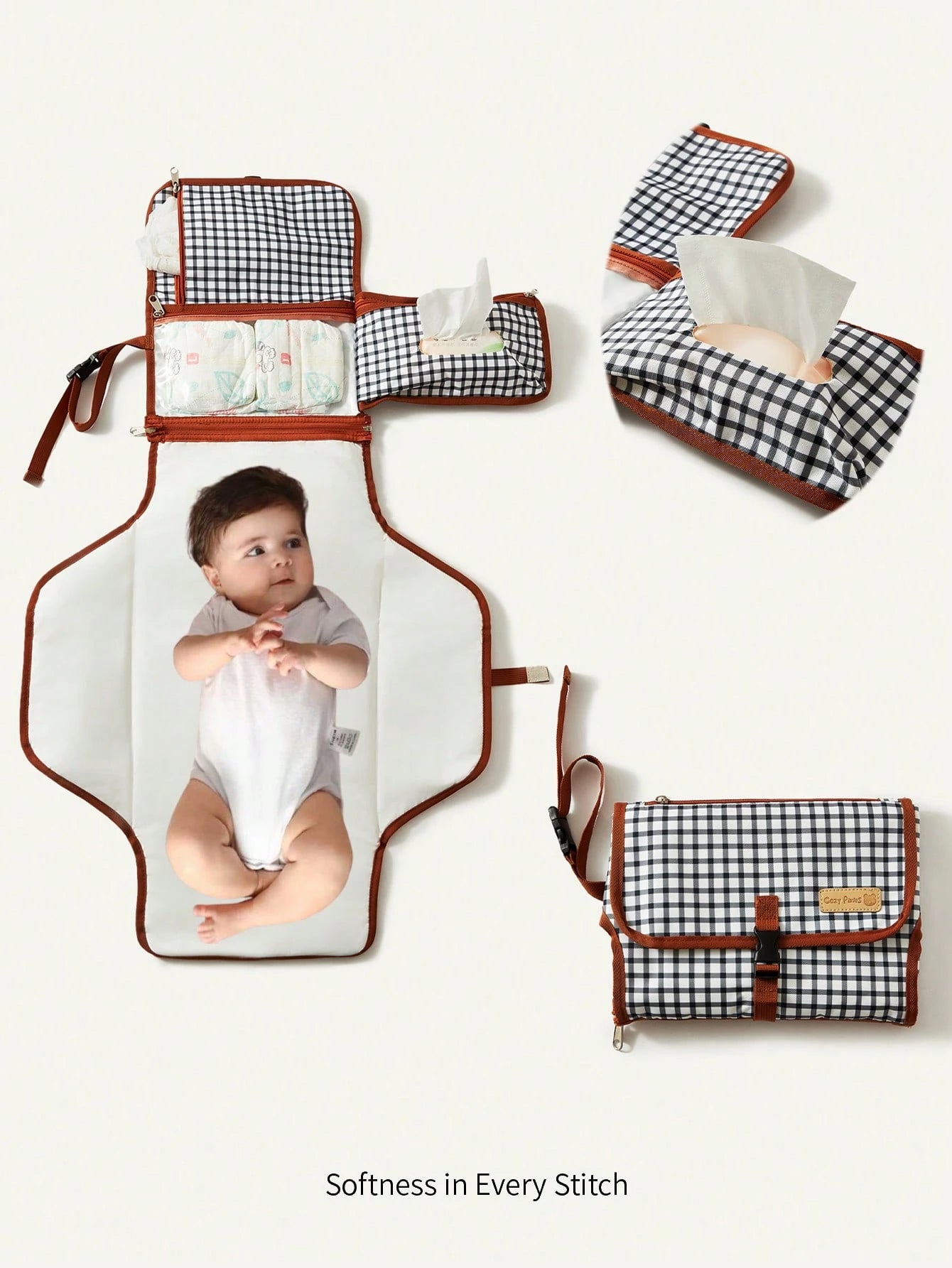 Cozy Pixies New Plaid Portable Waterproof Baby Changing Pad, Outdoor Multi-Functional Diaper Changing Mat, Foldable Mommy Bag Accessory