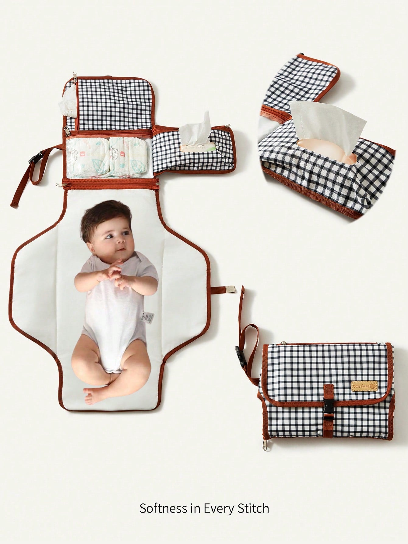 Cozy Pixies New Plaid Portable Waterproof Baby Changing Pad, Outdoor Multi-Functional Diaper Changing Mat, Foldable Mommy Bag Accessory