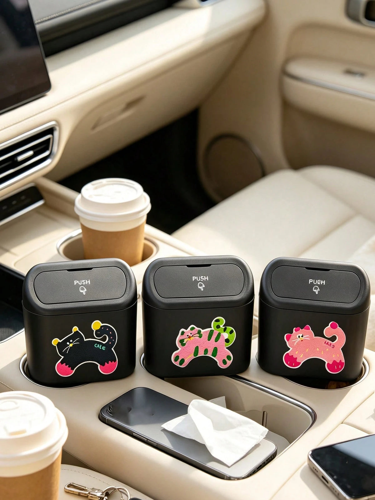 Creative Cat Pattern Printed Car Trash Can, Car Seat Back & Door Hanging Storage Box, Printed Pet Trash Bag, Convenient Mini Car Trash Bag, Multi-Functional Trash Storage Bin, Car Accessories, Portabl