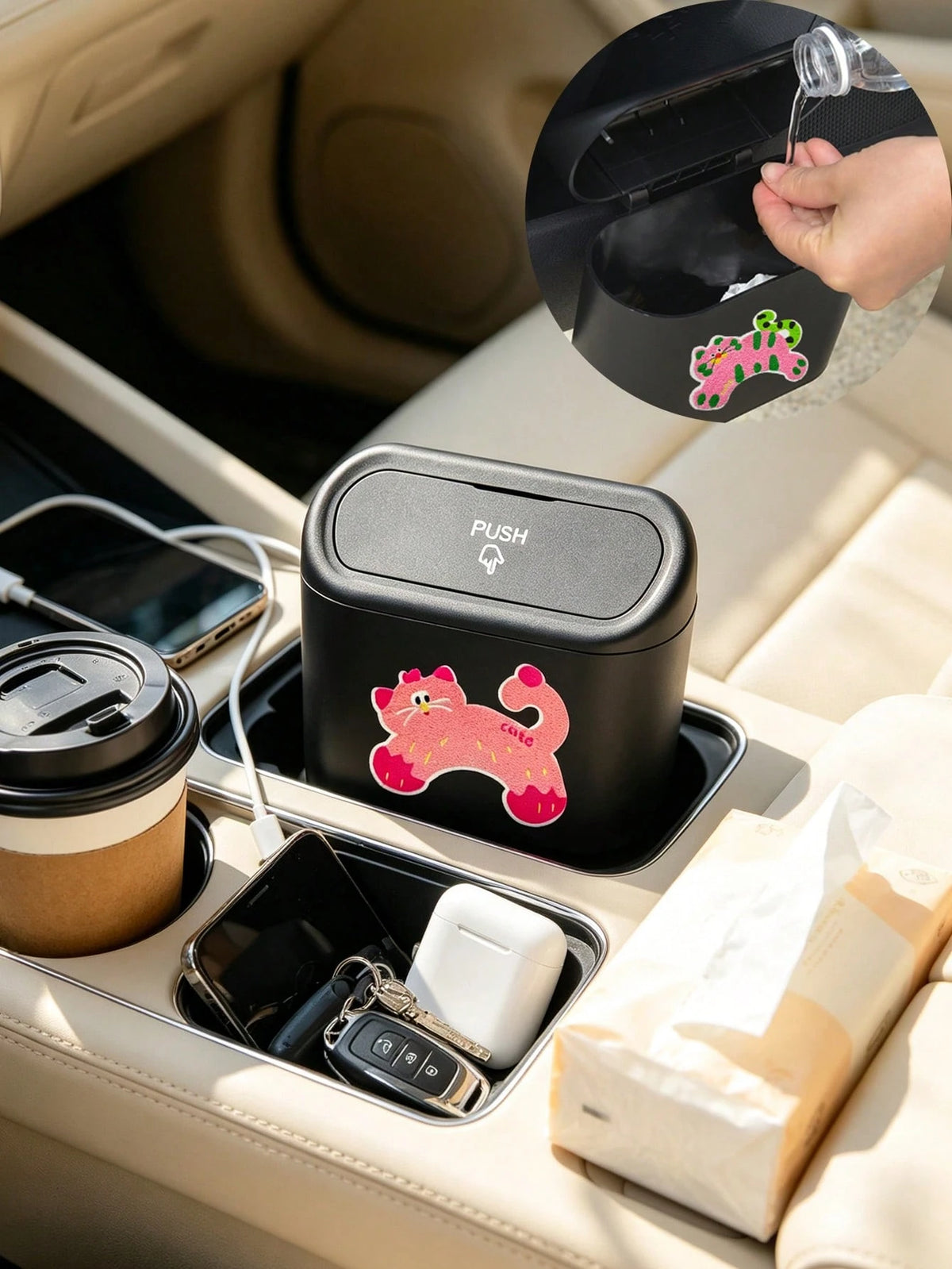 Creative Cat Pattern Printed Car Trash Can, Car Seat Back & Door Hanging Storage Box, Printed Pet Trash Bag, Convenient Mini Car Trash Bag, Multi-Functional Trash Storage Bin, Car Accessories, Portabl