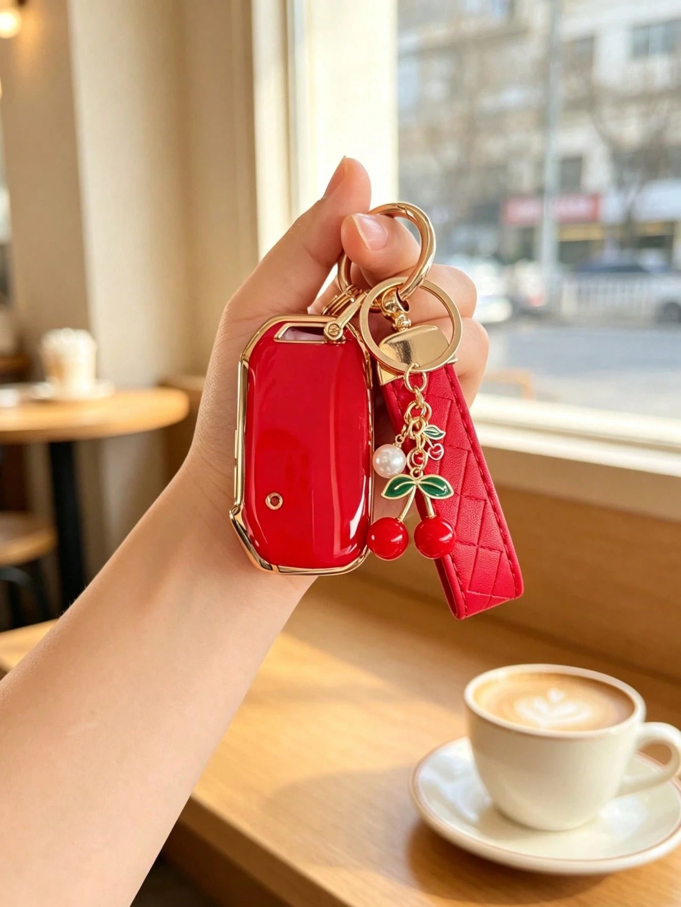 Creative Cherry + Wrist Strap Kia Key Cover Compatible With Kia Ceed Cerato Forte NIRO Seltos Sorento Soul Sportage Telluride K5 Key Fob Cover: Smart 5-Button Key Shell Suitable For Kia Smart Key Case
