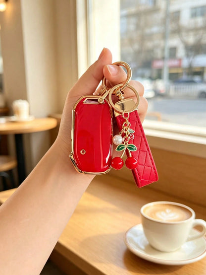 Creative Cherry + Wrist Strap Kia Key Cover Compatible With Kia Ceed Cerato Forte NIRO Seltos Sorento Soul Sportage Telluride K5 Key Fob Cover: Smart 5-Button Key Shell Suitable For Kia Smart Key Case