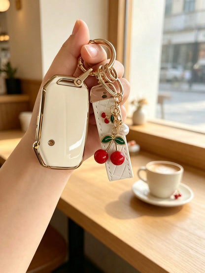 Creative Cherry + Wrist Strap Kia Key Cover Compatible With Kia Ceed Cerato Forte NIRO Seltos Sorento Soul Sportage Telluride K5 Key Fob Cover: Smart 5-Button Key Shell Suitable For Kia Smart Key Case