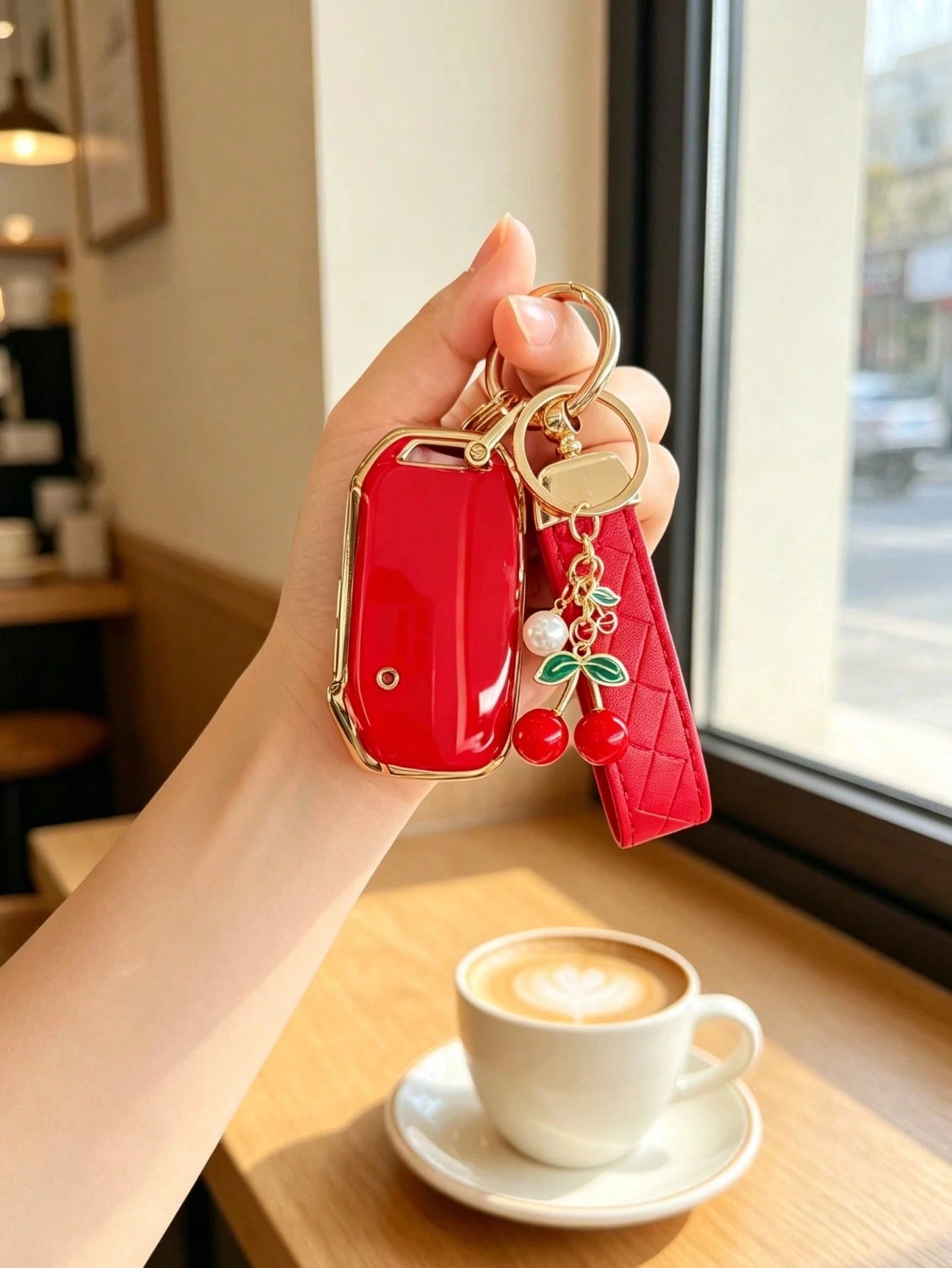 Creative Cherry + Wrist Strap Kia Key Cover Compatible With Kia Ceed Cerato Forte NIRO Seltos Sorento Soul Sportage Telluride K5 Key Fob Cover: Smart 5-Button Key Shell Suitable For Kia Smart Key Case